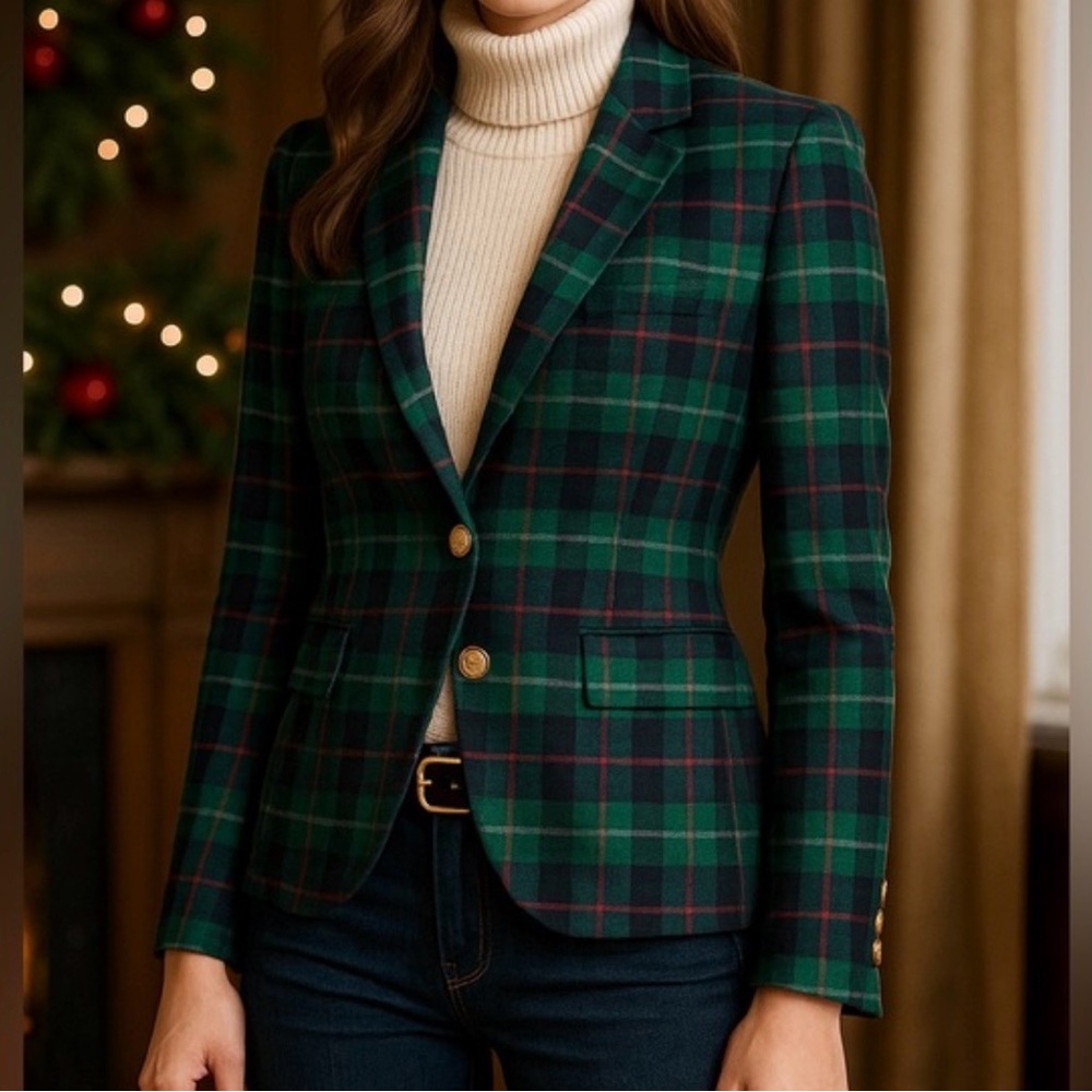 Green Plaid Tailored Women's Blazer Jacket